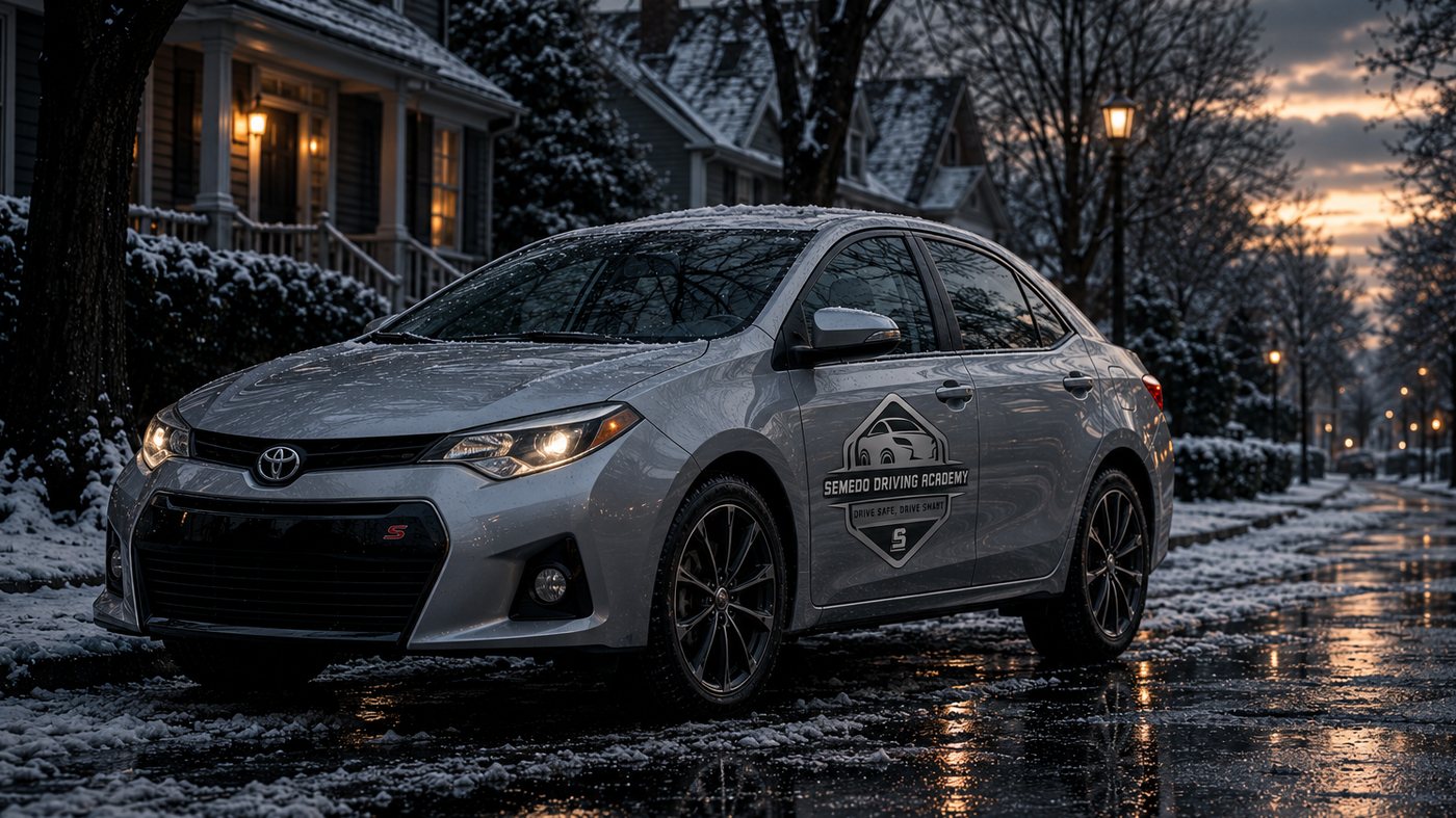 A driving school car on a snowy New England street at dusk