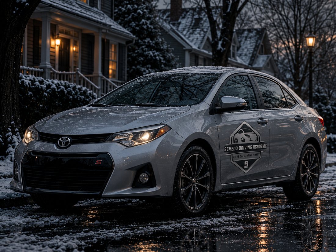A Semedo Driving Academy car at the curb on a South Shore street