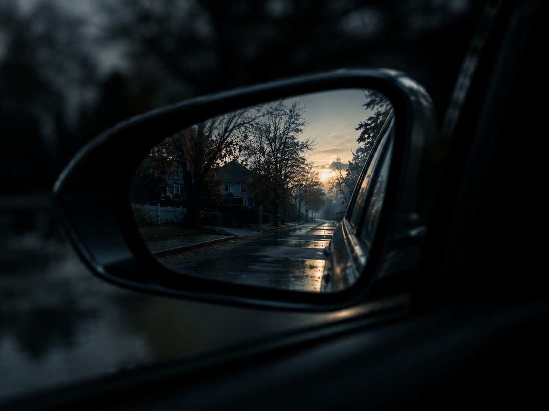 A South Shore street reflected in a car mirror