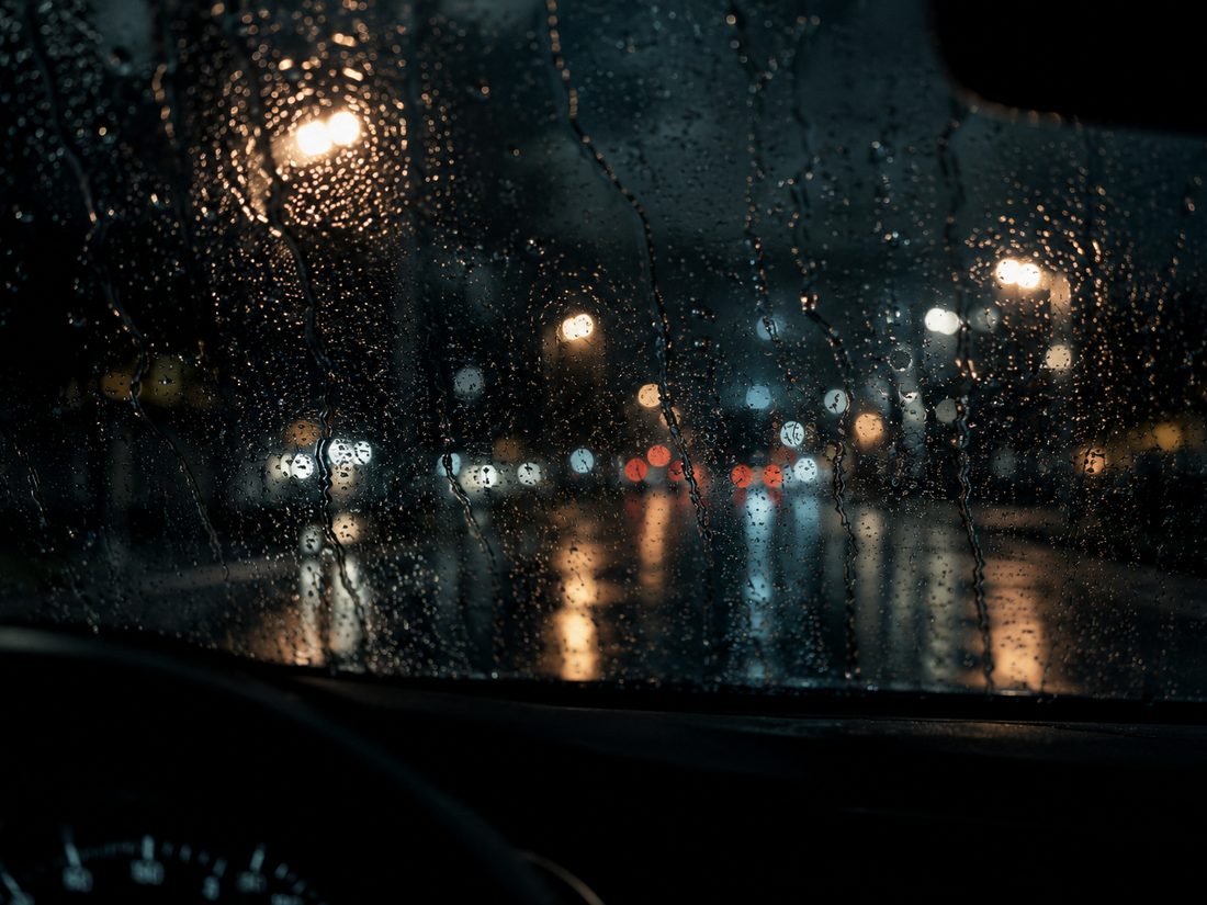 Rain on the windshield at night