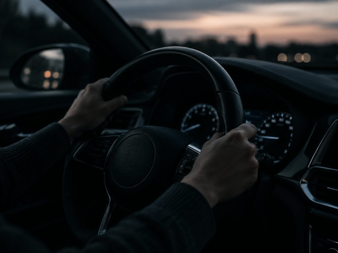 Hands on the wheel at dusk